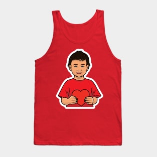 Cute Boy Holding Heart with Showing Emotion Sticker design vector illustration. People holiday icon concept. People holding hearts. People expressing love concept. Tank Top